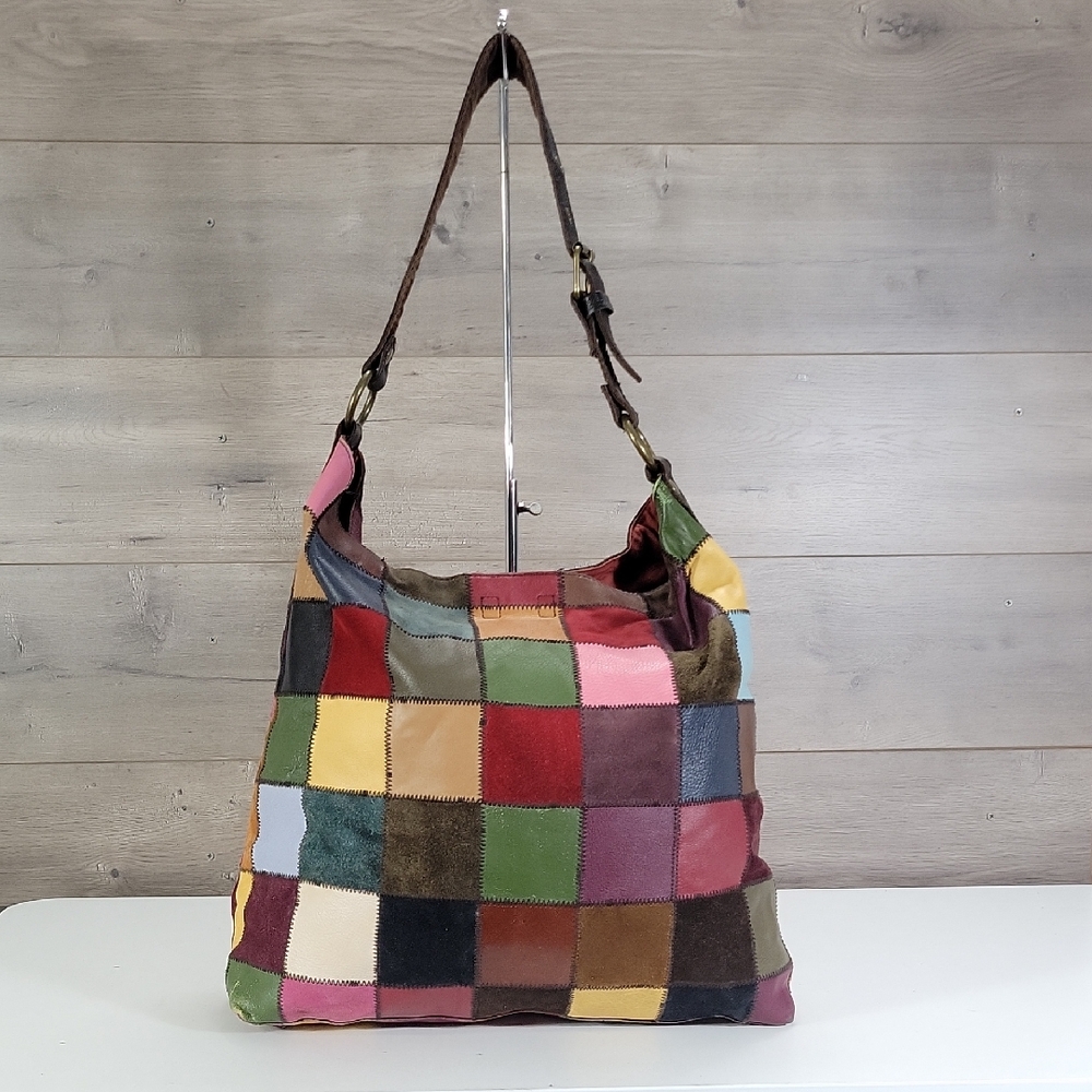 Large Lucky Brand Multi-Color Suede Leather Patchwork Tote Shoulder Bag